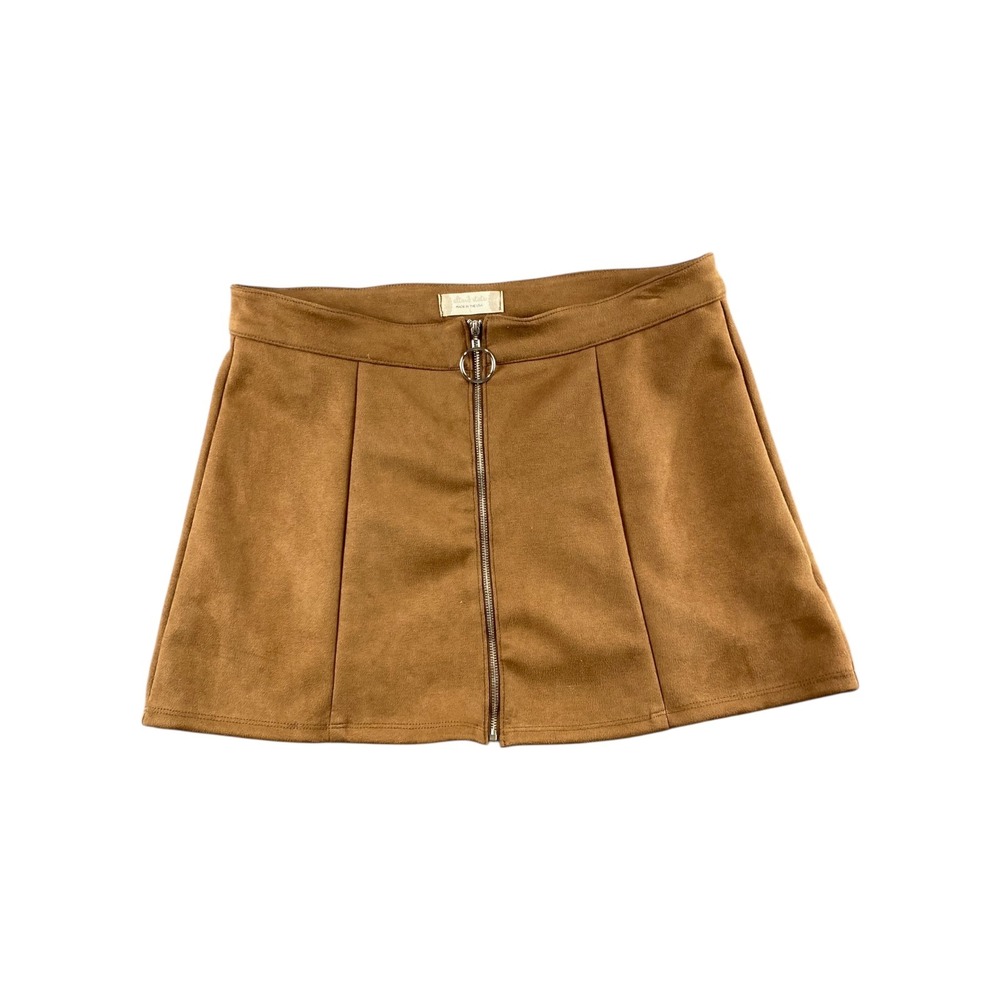 Altar'd State Faux Suede Mini Skirt Brown Front Zip O-Ring Large Made in USA